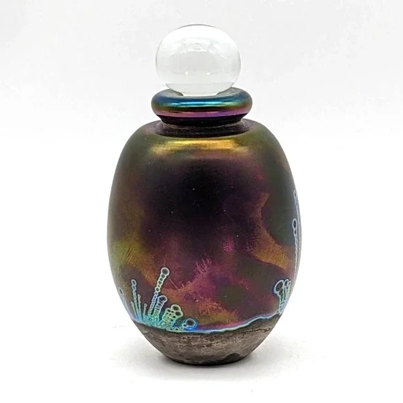 Robert Eickholt Signed Iridescent Art Glass Perfume Bottle Purples Blues 1990 - Picture 10 of 12